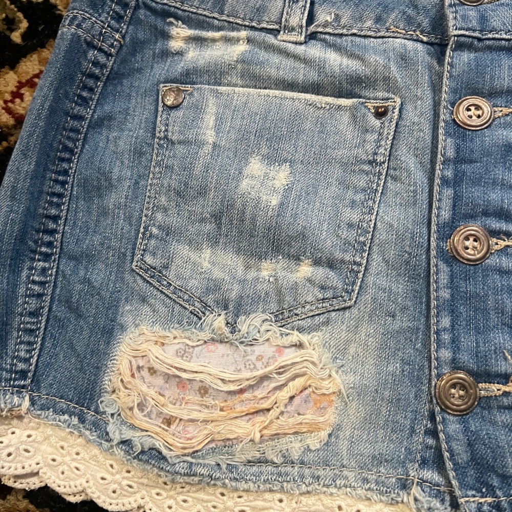 Bershka Distressed Denim Mini Skirt with Lace Hem - Picture 4 of 8